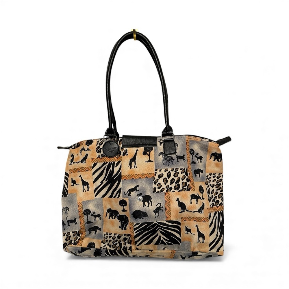Vintage Y2K Era JoAnn Marie Designs Black and Tan Animal Pattern Large Tote